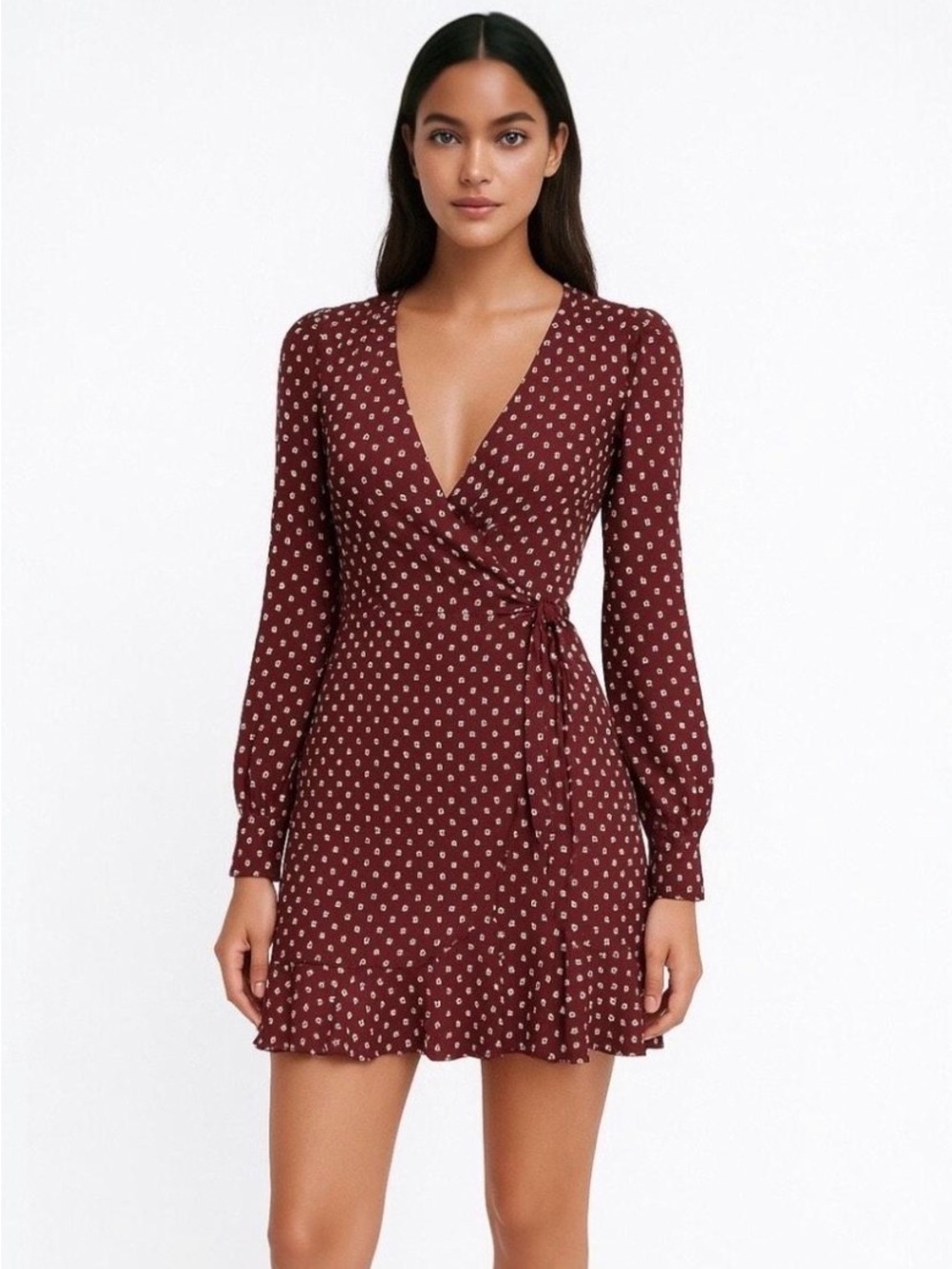 Abercrombie & Fitch Burgundy Floral Wrap Dress with Long Sleeves XL